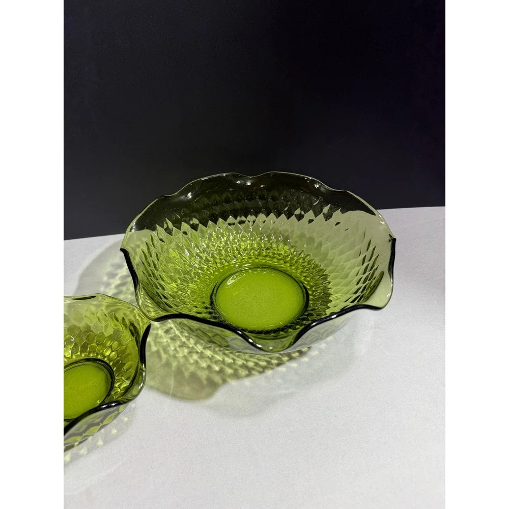 Vintage Indiana Glass Avocado Green Diamond Point Ruffled Serving Bowl Set of 2